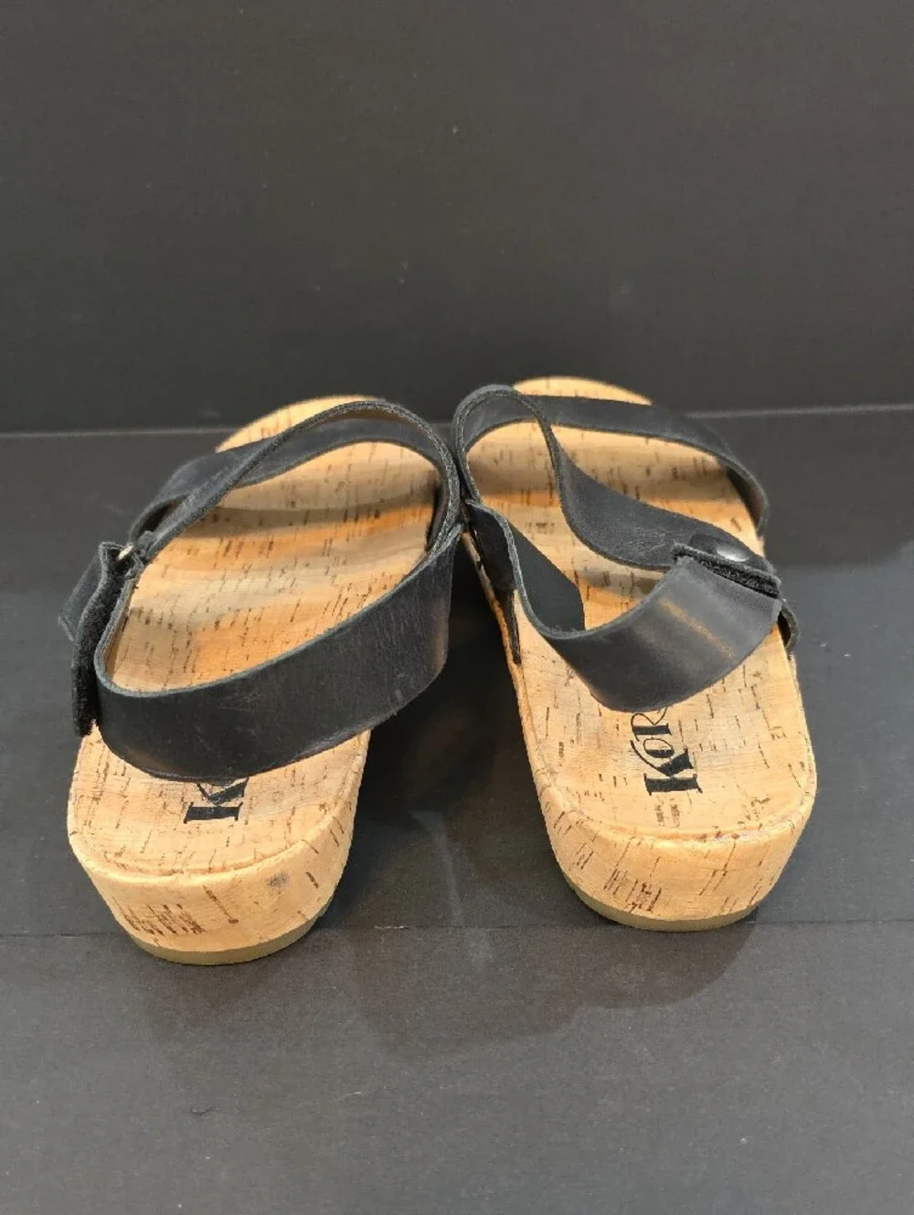 Kork-Ease Black Leather Double-Strap Cork Sandals Size 9